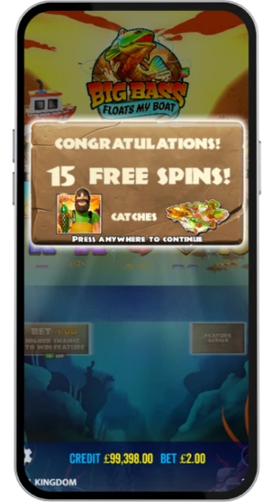Free Spins activation screen with 15 spins