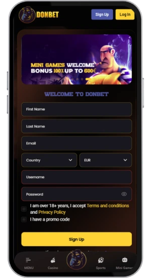 Casino registration screen